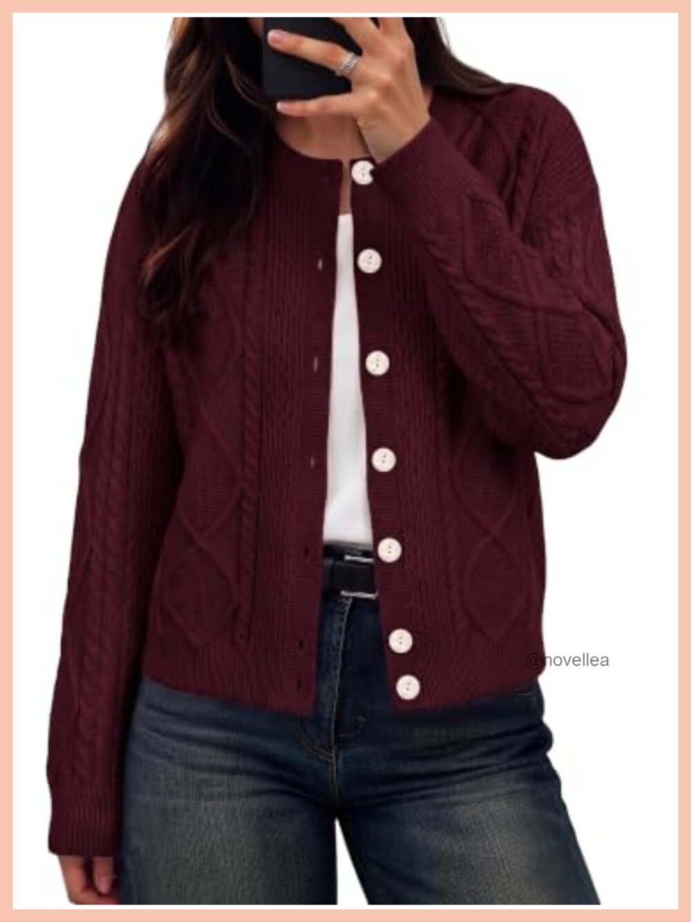 Chunky Cable Knit Button Up Cardigan Sweater Crew Neck Relaxed Fit